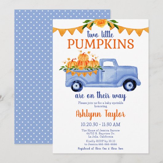Petit Citrouille Twin Boy Baby Sprinkle Invitation (Devant / Derrière)