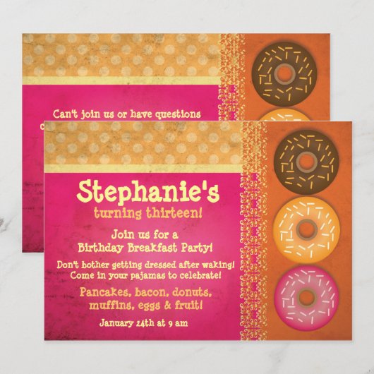 Petit-déjeuner Donut Invitations de fête d'anniver (Devant / Derrière)