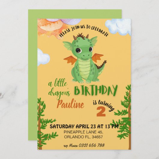 petit dragon Invitation orange bébé anniversaire (Devant / Derrière)