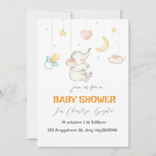 Petit Eléphant doux Invitation Baby shower (Devant)