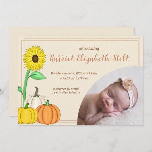 Petit Faire-part de naissance Citrouille (Devant / Derrière)