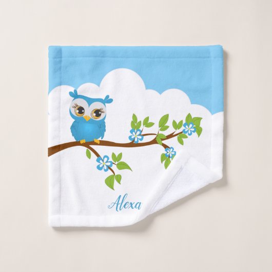 Petit hibou bleu sur une branche (Gant de toilette)