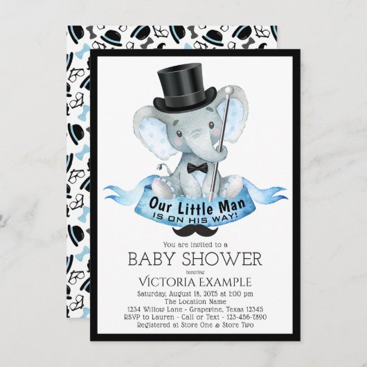 Petit Homme Baby shower Invitation Dapper Elephant (Devant / Derrière)