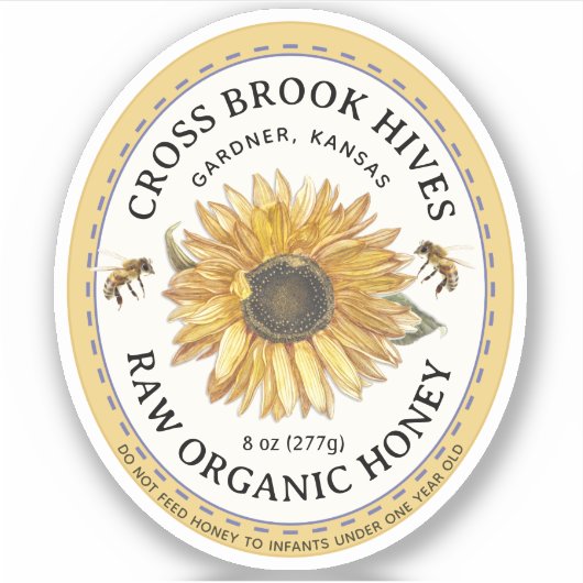 Petit Jar Oval Sunflower Miel Étiquette avec abeil (Devant)