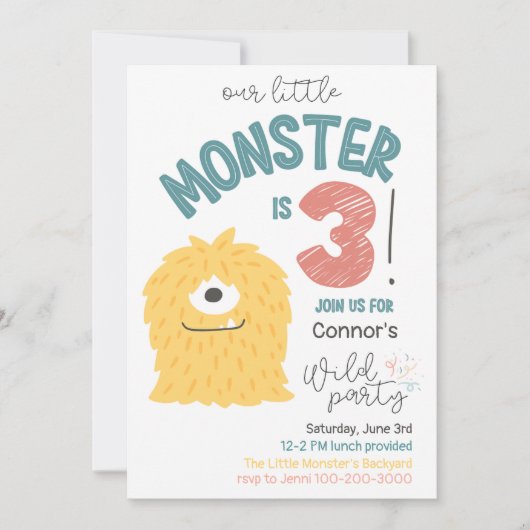 Petit Monstre Jaune 3e Invitation anniversaire (Devant)
