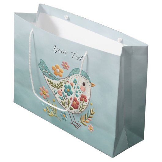 Petit Oiseau Bleu Fleurs Roses Sac Cadeau (Devant Angle)