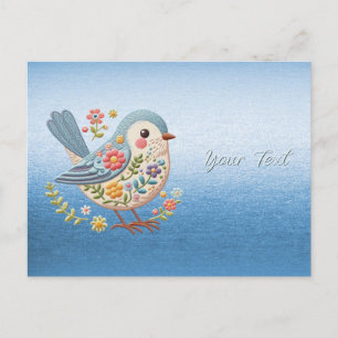 Petit Oiseau Broderie Florale Bleue Carte Postale