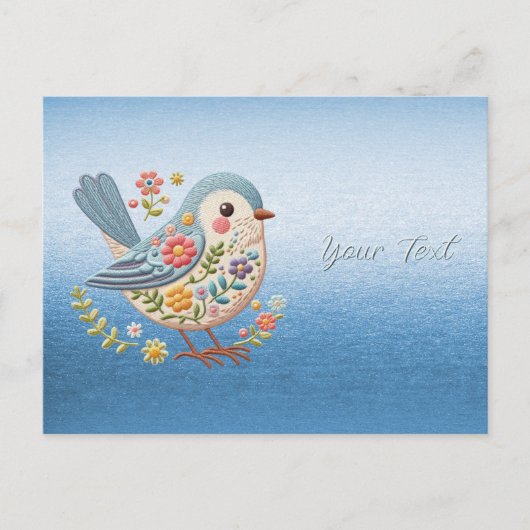 Petit Oiseau Broderie Florale Bleue Carte Postale (Devant)