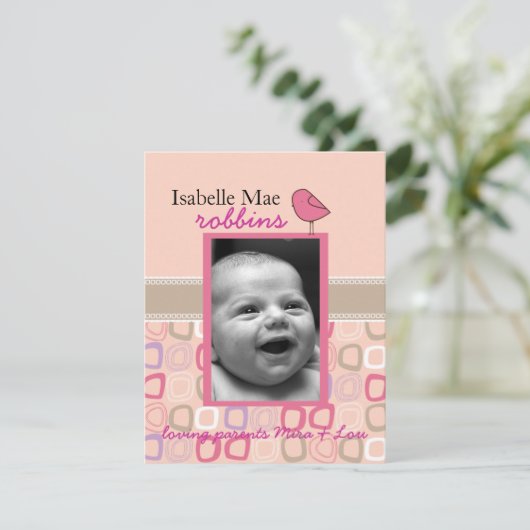 petit oiseau faire-part de naissance double face (Debout devant)