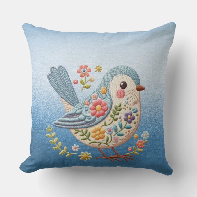 Petit Oiseau Floral Bleu Jeu Oreiller (Recto)