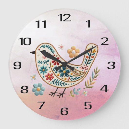 Petit Oiseau Floral Broderie Horloge murale rose (Recto)