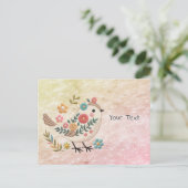 Petit oiseau laisse des fleurs carte postale rose (Debout devant)