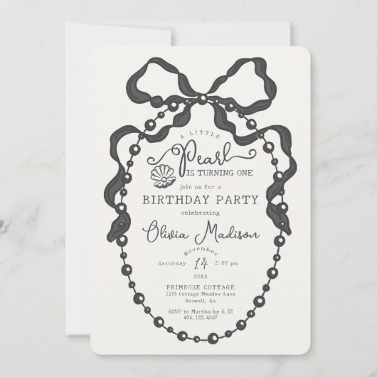 Petit Pearl Black Coquette Bow Invitation d'annive (Devant)