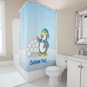 Petit pingouin avec boules de neige agitant rideau (En situation)