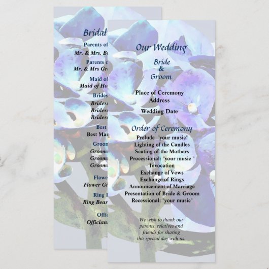 Petit programme de mariage Blue Hydrangea (Devant / Derrière)