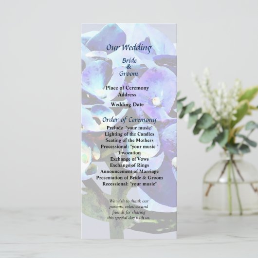 Petit programme de mariage Blue Hydrangea (Debout devant)