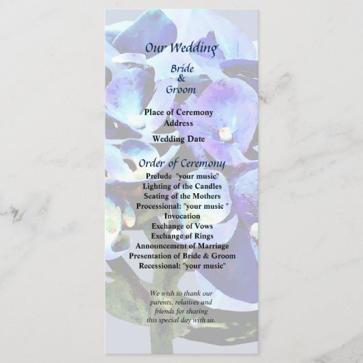 Petit programme de mariage Blue Hydrangea (Devant)
