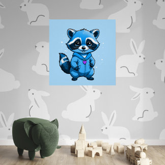 Petit Raccoon En Bleu Glossy Poster