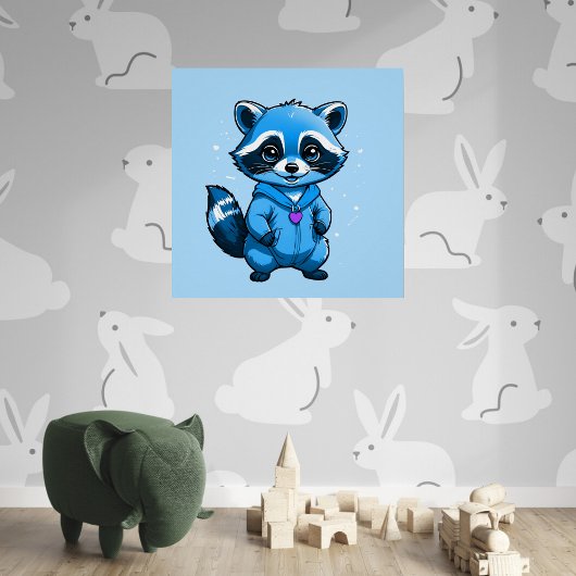 Petit Raccoon En Bleu Glossy Poster