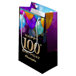 Petit Sac Cadeau 100e fête d'anniversaire Ballons Noir et Or
