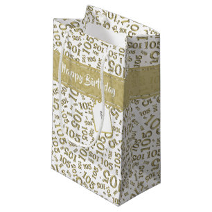 Petit Sac Cadeau 105th or heureux d'anniversaire et motif blanc de