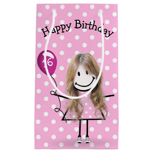 Petit Sac Cadeau 16e Anniversaire fille à bâton rose (Devant)