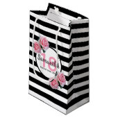 Petit Sac Cadeau 18e anniversaire rose roses noir blanc rayures (Devant Angle)