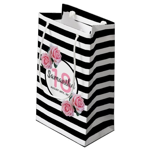 Petit Sac Cadeau 18e anniversaire rose roses noir blanc rayures (Dos Angle)
