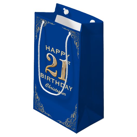 Petit Sac Cadeau 21e anniversaire Parties scintillant bleue et or c (Devant Angle)
