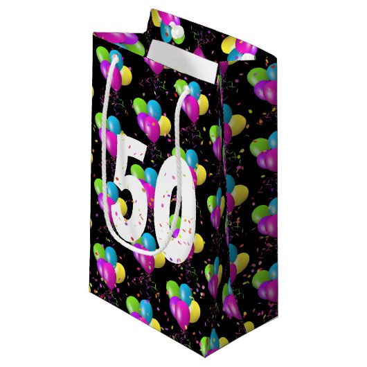 Petit Sac Cadeau 50e anniversaire Ballons et Confetti (Devant Angle)