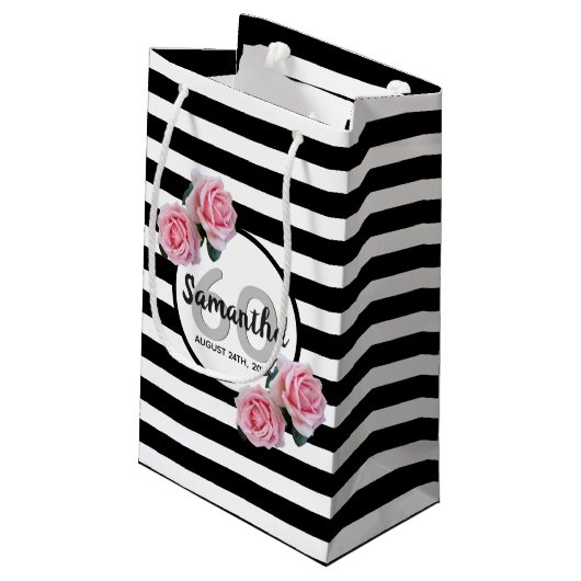 Petit Sac Cadeau 60e anniversaire rose roses noir blanc rayures (Dos Angle)