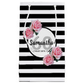 Petit Sac Cadeau 60e anniversaire rose roses noir blanc rayures (Devant)