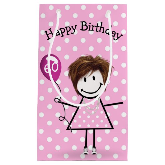 Petit Sac Cadeau 60e Anniversaire Stick Girl avec ballon rose (Devant)