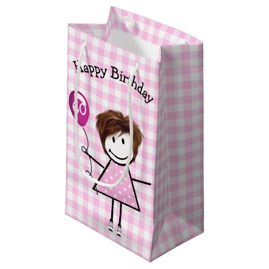 Petit Sac Cadeau 60e Anniversaire Stick Girl avec ballon rose (Devant Angle)