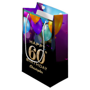 Petit Sac Cadeau 60e fête d'anniversaire Ballons noirs et or