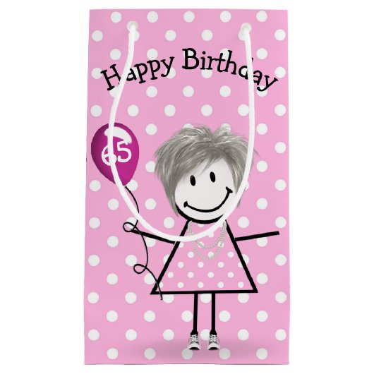 Petit Sac Cadeau 65e Anniversaire Stick Girl avec ballon rose (Devant)