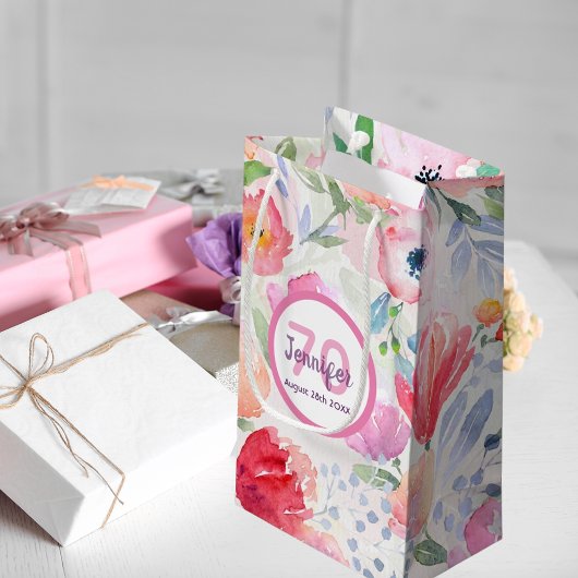 Petit Sac Cadeau 70e anniversaire fleurs roses pastel bohème