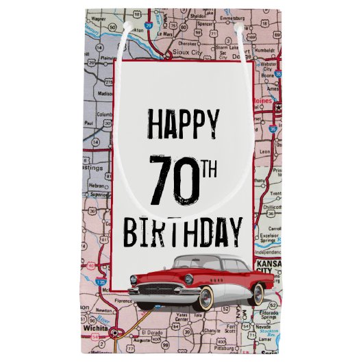 Petit Sac Cadeau 70e anniversaire Retro Buick On Map (Devant)