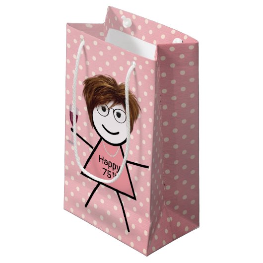 Petit Sac Cadeau 75e Anniversaire Stick Girl sur Pois (Devant Angle)