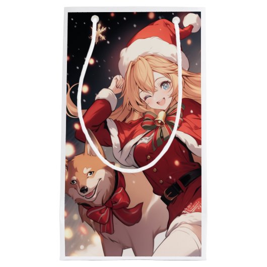 Petit Sac Cadeau Adorable Père Noël Anime Girl and Christmas Shiba (Devant)