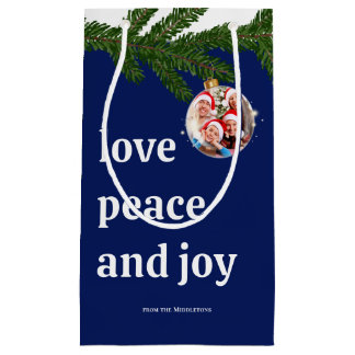 Petit Sac Cadeau Amour Paix Joie Noël Photo Famille Rouge Bourgogne