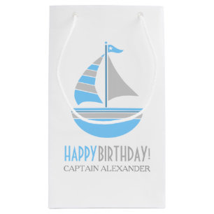 Petit Sac Cadeau Anniversaire nautique de voilier bleu et gris
