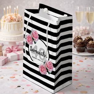 Petit Sac Cadeau Anniversaire noir rayures rose florales nom classi