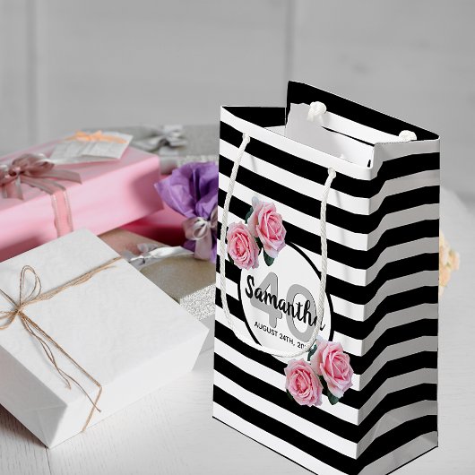 Petit Sac Cadeau Anniversaire noir rayures rose florales nom classi