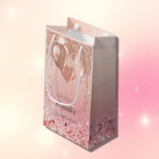 Petit Sac Cadeau Anniversaire rose rose ballons d'or scintille