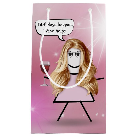 Petit Sac Cadeau Anniversaire Stick Girl avec vin (Devant)