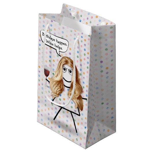 Petit Sac Cadeau Anniversaire Stick Girl avec vin (Devant Angle)