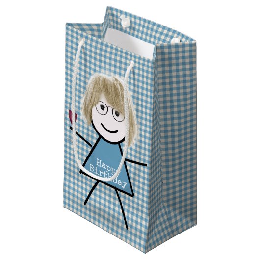 Petit Sac Cadeau Anniversaire Stick Giron En vichy avec du vin (Devant Angle)