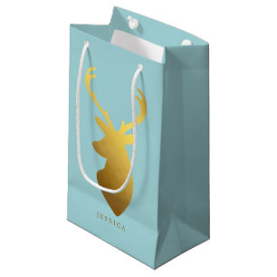 Petit Sac Cadeau Aqua et Faux Gold Foil Deer Head