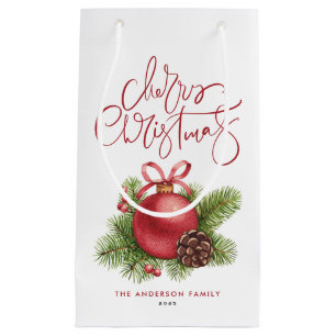 Petit Sac Cadeau Aquarelle Boule rouge Ornement Joyeux Noël